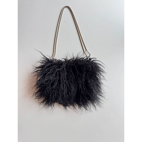 ZARA Black Faux Mongolian Fur Convertible Evening Purse Bag - Picture 2 of 16